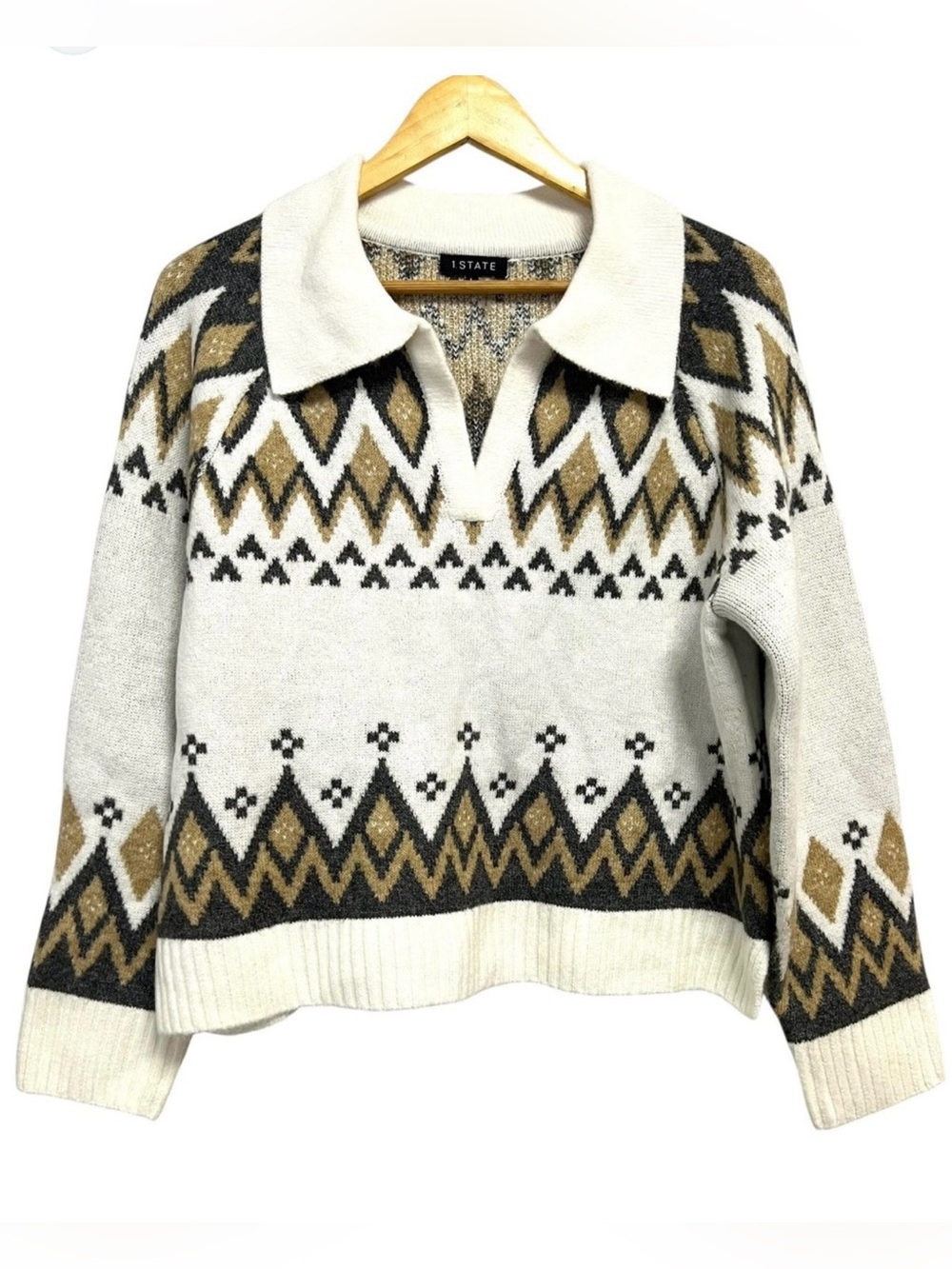 1. State Women Small Cream & Tan Johnny Polo Collar Fair Isle Pullover Sweater